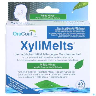 Sie sehen eine Packung Xylimelts Hafttabl 40s Milde Minze Artikelnr 01ac0034 40st, Produktbild: 01 Xylimelts Hafttabl 40s Milde Minze Artikelnr 01ac0034 40st, A-Nr.: 4165413 - 01
